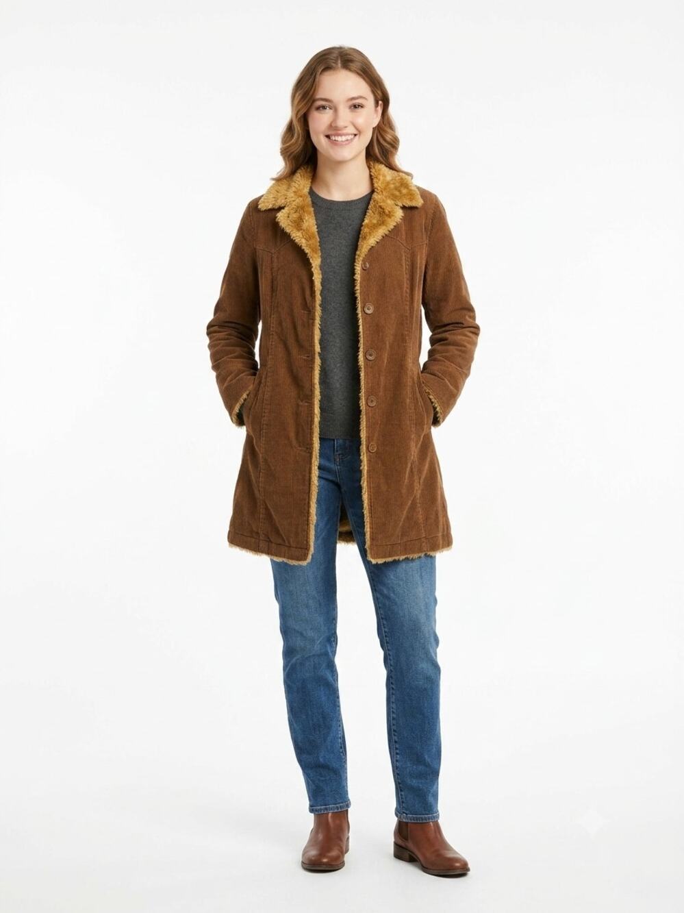 FS Sport Fleet Street Jacket Womens S Brown Corduroy Faux Fur Trim Button Front